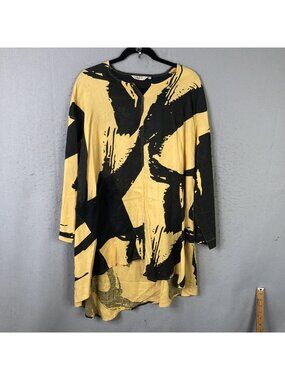 Cheyenne Dress Womens S/M Yellow Linen Trapeze Swing Long Sleeve Artsy Abstract